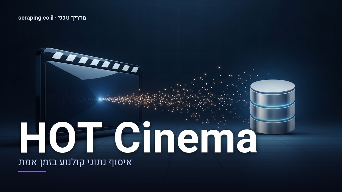 מדריך טכני מתקדם לביצוע scraping באתר HOT Cinema איור טכני של scraping HOT Cinema, המציג זרימת נתונים ממסך קולנוע למאגר נתונים