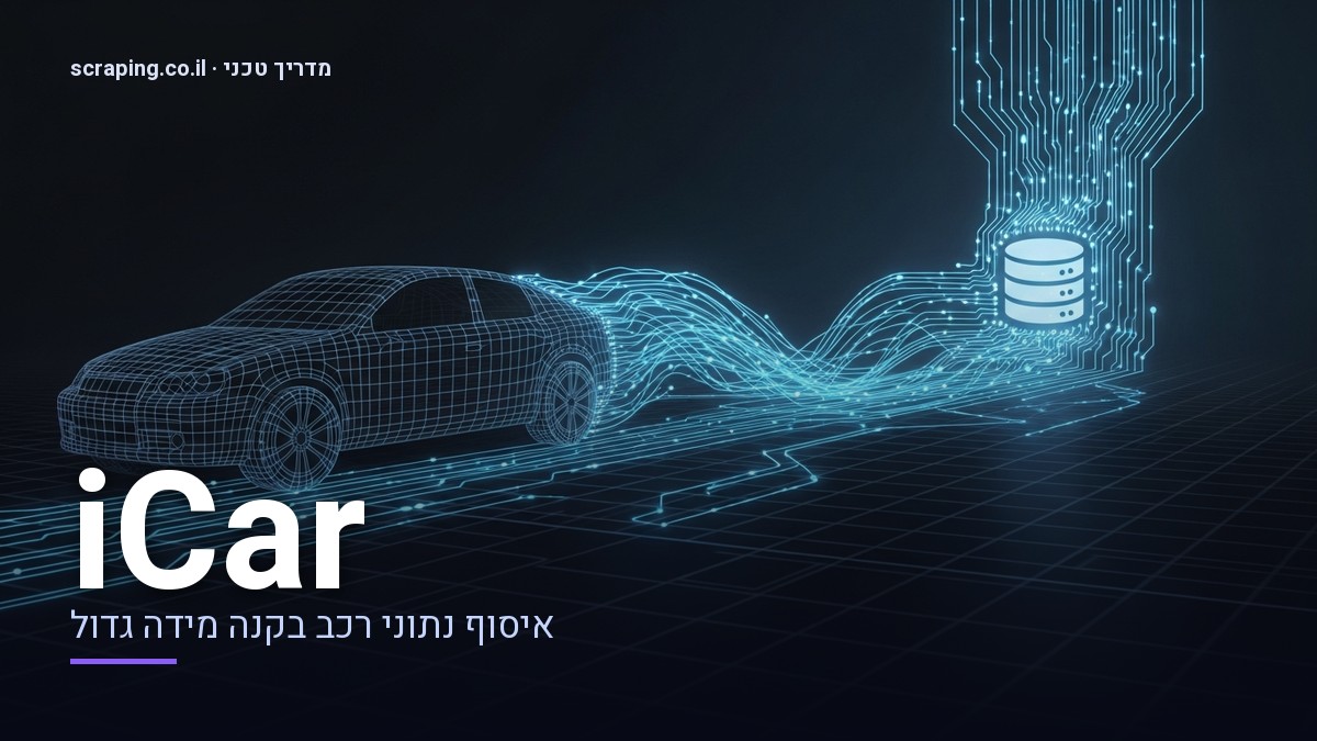איור טכנולוגי של scraping iCar עם קווי נתונים וגרפים מופשטים איור טכנולוגי של scraping iCar, המציג קווי נתונים הזורמים מאתר רכב למאגר מידע מרכזי