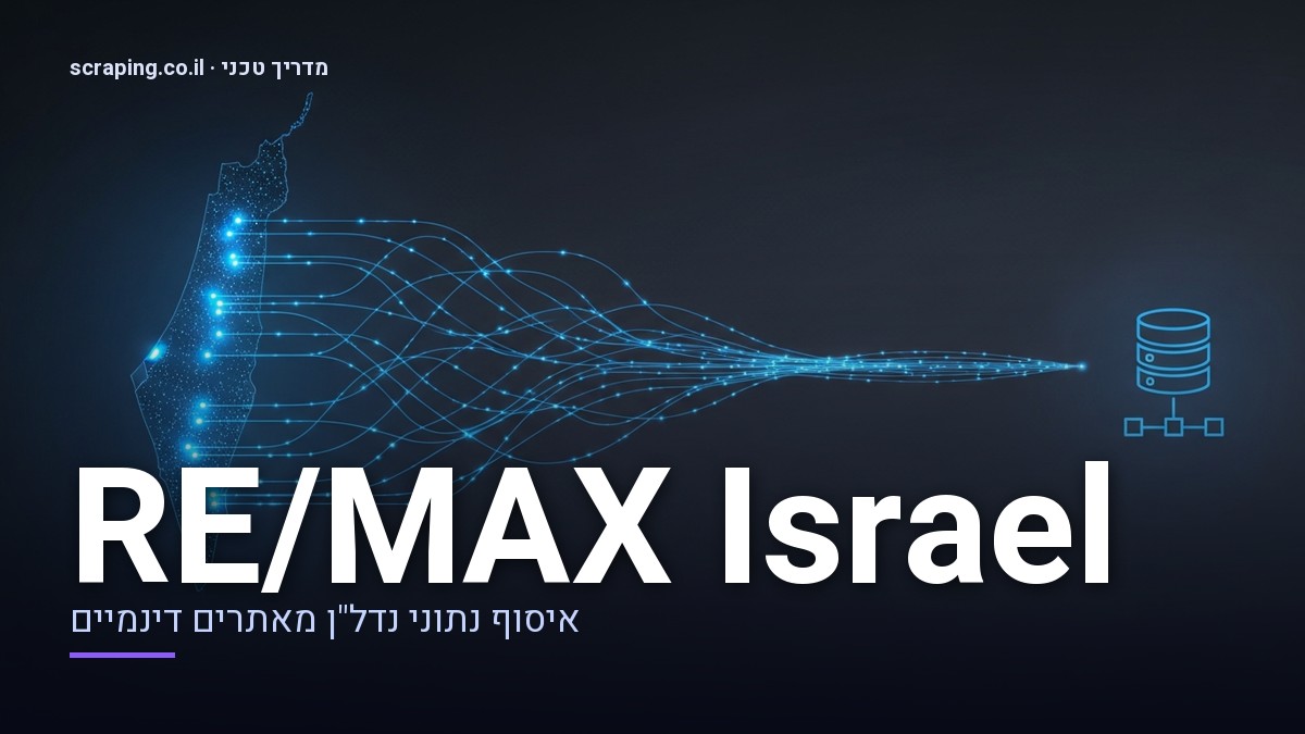מדריך טכני מתקדם ל-scraping RE/MAX Israel איור טכני המציג scraping RE/MAX Israel, עם קווי נתונים הזורמים ממפת ישראל למאגר מידע