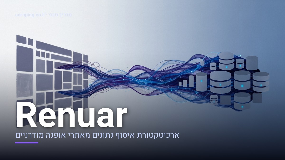 איור קונספט של תהליך scraping Renuar לניתוח נתוני קטלוג ומחירים איור טכני המציג תהליך scraping Renuar, עם קווי נתונים הזורמים מאתר אופנה למאגר נתונים מובנה