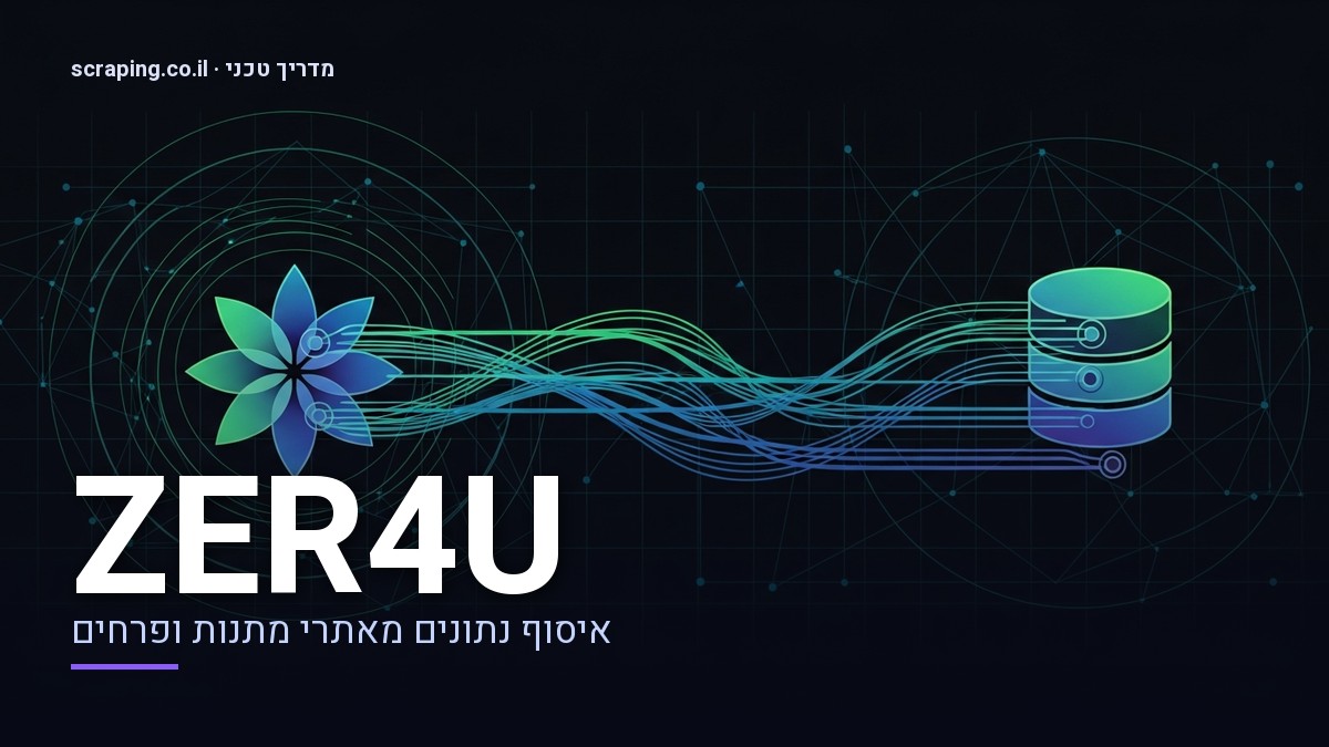 מדריך טכני מתקדם על scraping ZER4U לאיסוף נתוני מוצרים ומחירים איור טכני המדגים scraping ZER4U עם קווי נתונים הזורמים מאייקון של פרח למאגר נתונים